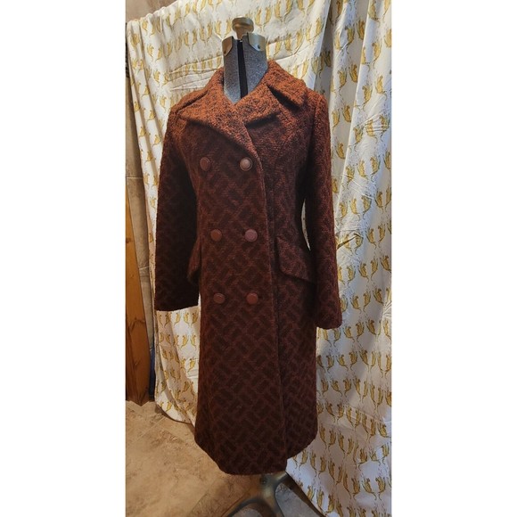 Vintage 60s 70s Rust Boucle Herringbone Double-Breasted Coat Jacket Mod Medium - Picture 2 of 16